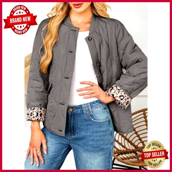 Quilted Puffer Jacket Button Down Leopard Print Casual Winter Coat Oversized - Picture 3 of 7